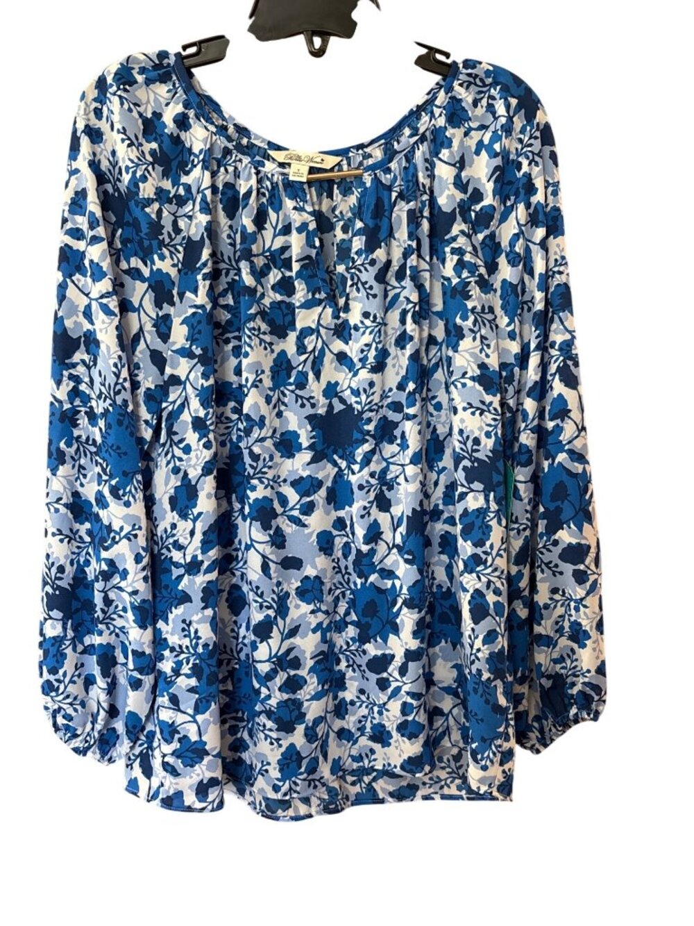 The Pioneer Woman Keyhole Blouse S Floral Stencil Print Blue Long Sleeve Lightwe